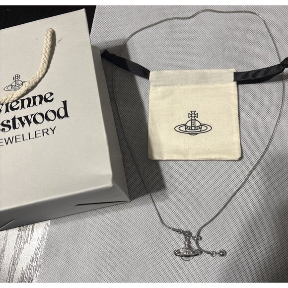 Vivienne Westwood Silver Orb Planet Rope Necklace Pendant New W/ Bag Adjustable - Picture 1 of 7
